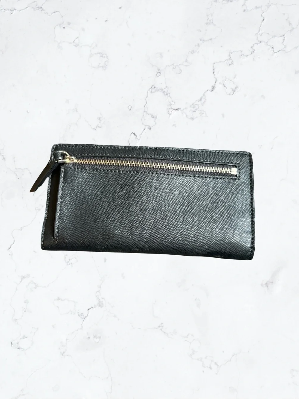 Kate Spade Black Saffiano Zip Wallet with Gold Logo